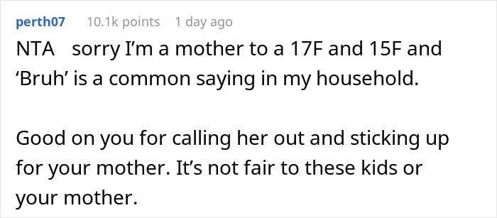 Commenter perth07 supports shaming older sister for getting pregnant seventh time, highlighting family tensions and fairness concerns.