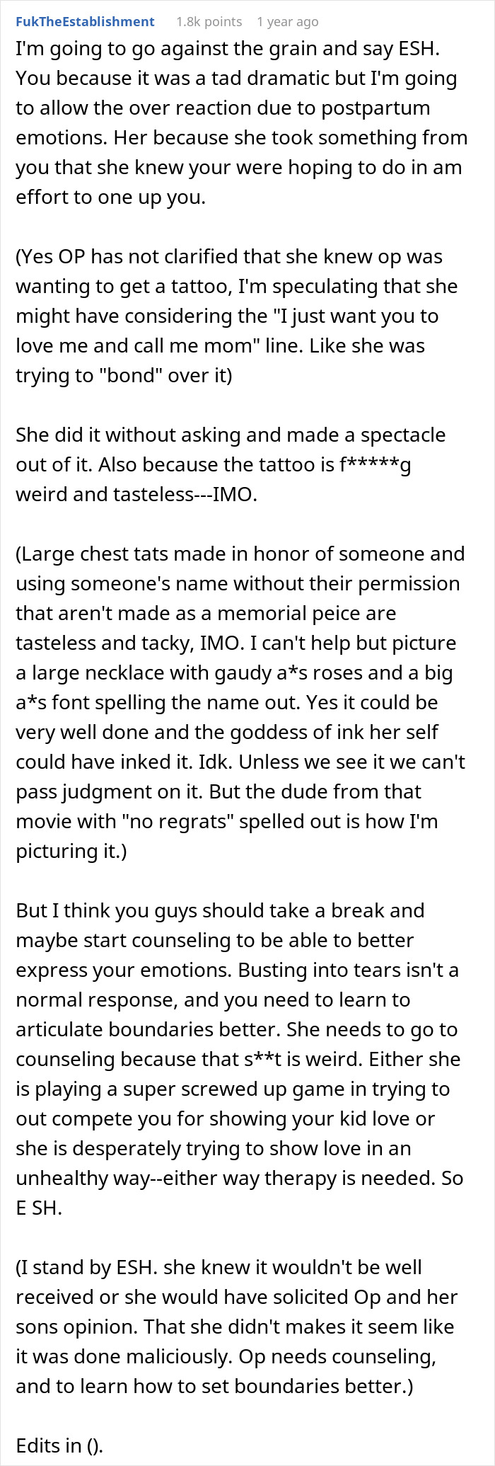 Reddit comment debating a huge chest tattoo gift, discussing its impact and the mom&rsquo;s emotional response.