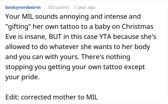 Comment discussing a mother-in-law&rsquo;s tattoo gift to a baby, mentioning a huge tattoo on her chest and family tension.