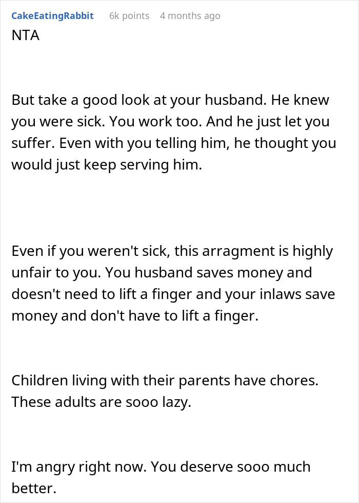 Comment discussing a husband refusing to stand up to parents treating his wife like a maid, causing her to leave.