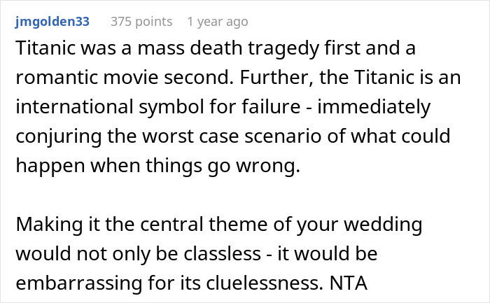 Man Sinks Fiancé’s Dreams Of Having A Titanic-Themed Wedding, He Storms Out Man Sinks Fiancé’s Dreams Of Having A Titanic-Themed Wedding, He Storms Out