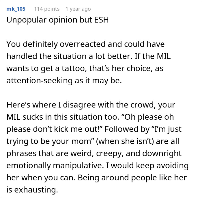 Reddit comment criticizing mother-in-law&rsquo;s chest tattoo gift, discussing emotional impact and family conflict over tattoo choice.