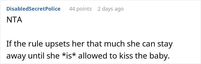 Woman kisses her own baby in front of mother-in-law, telling her to stop because she’s not allowed to touch the baby. Woman kisses her own baby in front of mother-in-law, telling her to stop because she’s not allowed to touch the baby.