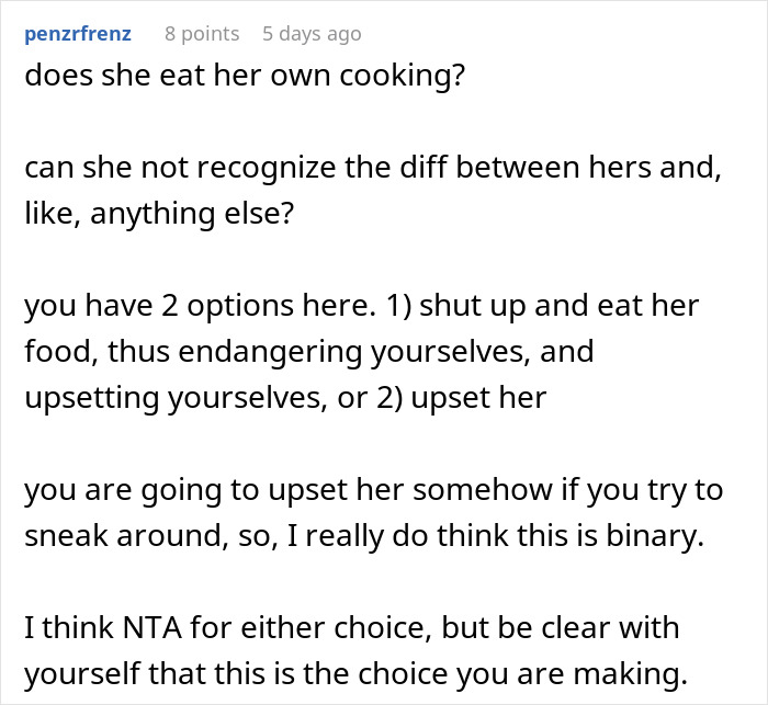 Couple Decides To No Longer Eat MIL's Food Because She's A Terrible Cook, She Gets Offended