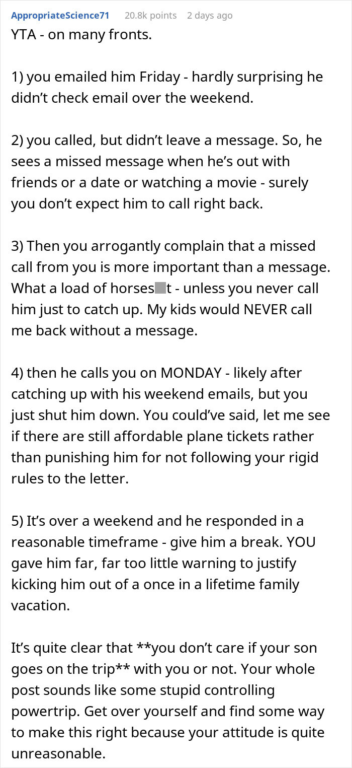“AITA For Telling My Son That He's Not Coming On Vacation Because He Didn't Check His Emails?” “AITA For Telling My Son That He's Not Coming On Vacation Because He Didn't Check His Emails?”