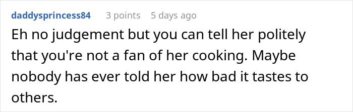 Couple Decides To No Longer Eat MIL's Food Because She's A Terrible Cook, She Gets Offended