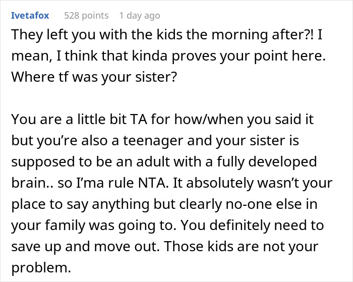 Comment discussing a teenager shaming older sister for seventh pregnancy and family tensions over parenting responsibilities.