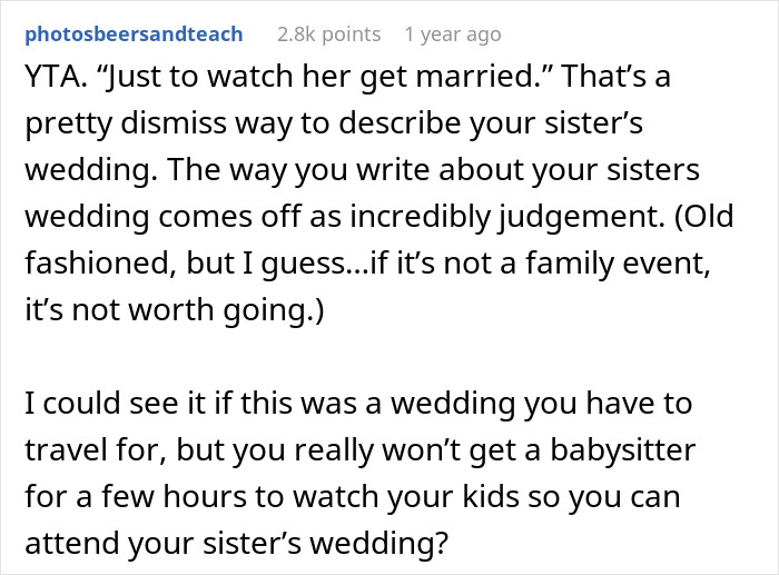 Woman Announces She Won't Attend Sister's Childfree Wedding, Fails To See Her Entitlement Woman Announces She Won't Attend Sister's Childfree Wedding, Fails To See Her Entitlement