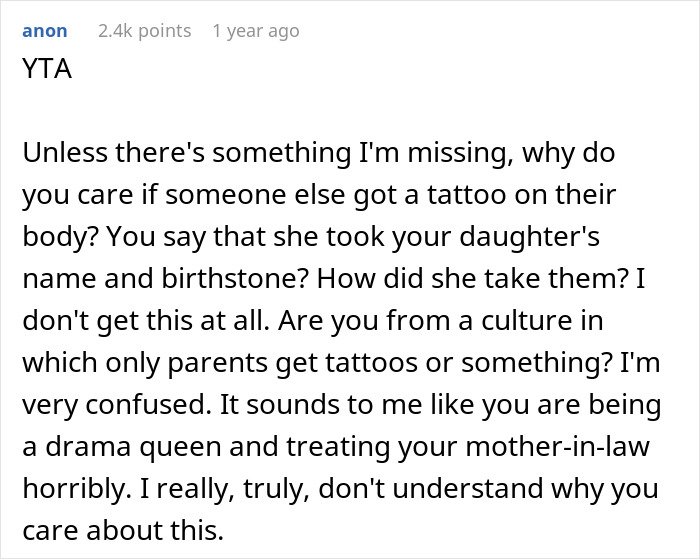 Screenshot of text discussing grandmother&rsquo;s tattoo of baby&rsquo;s name and birthstone, questioning new mom&rsquo;s reaction to huge tattoo on chest.