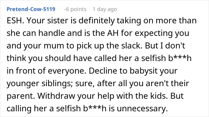Comment discussing a 16-year-old shaming older sister for getting pregnant multiple times and family tensions involved.