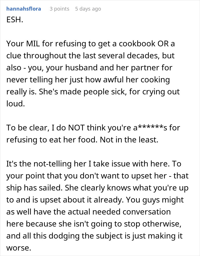 Couple Decides To No Longer Eat MIL's Food Because She's A Terrible Cook, She Gets Offended