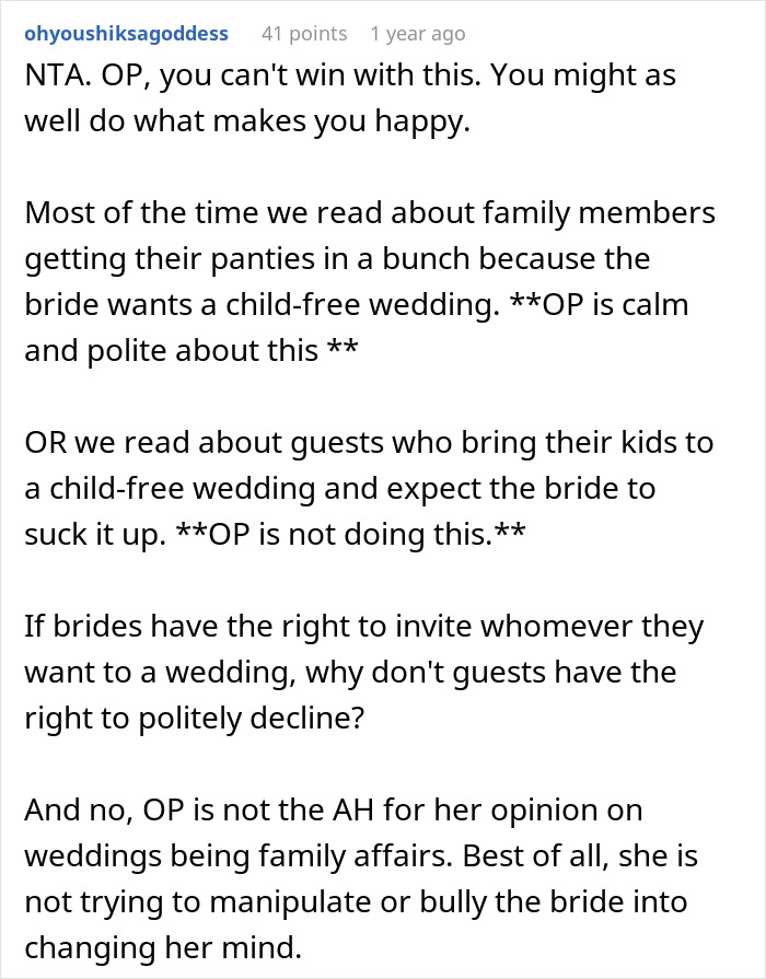 Woman Announces She Won't Attend Sister's Childfree Wedding, Fails To See Her Entitlement Woman Announces She Won't Attend Sister's Childfree Wedding, Fails To See Her Entitlement