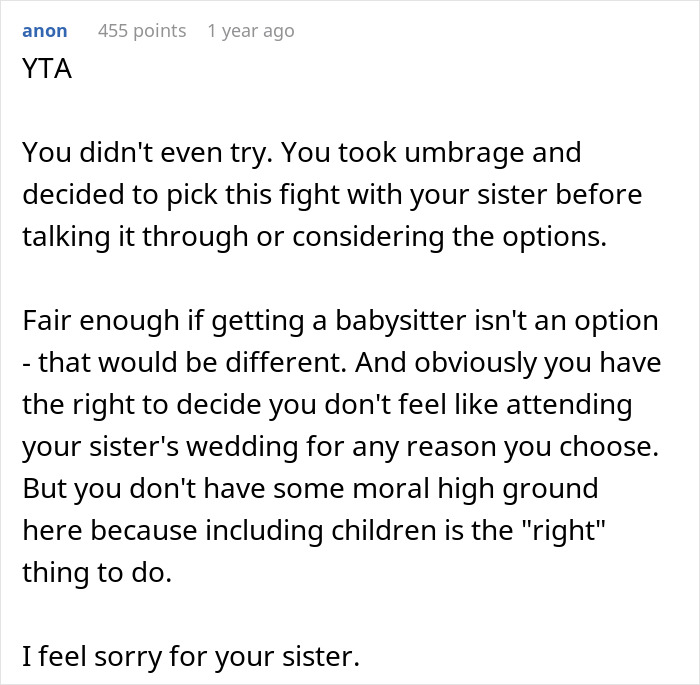 Woman Announces She Won't Attend Sister's Childfree Wedding, Fails To See Her Entitlement Woman Announces She Won't Attend Sister's Childfree Wedding, Fails To See Her Entitlement