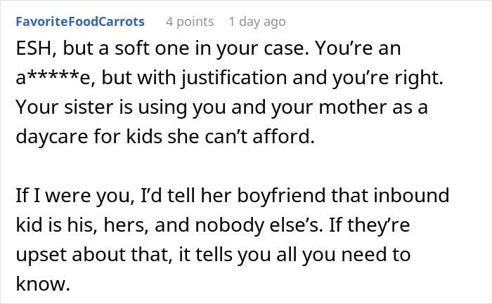 Screenshot of online comment criticizing an older sister for multiple pregnancies and financial struggles with childcare.