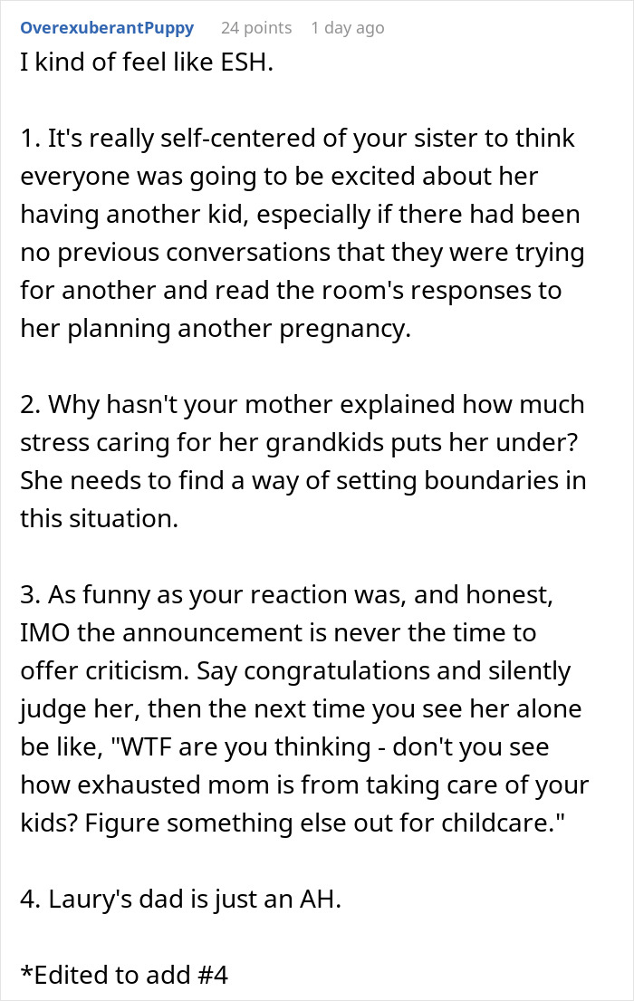 Comment discussing family tension after older sister&rsquo;s seventh pregnancy, highlighting reactions and stress in the household.