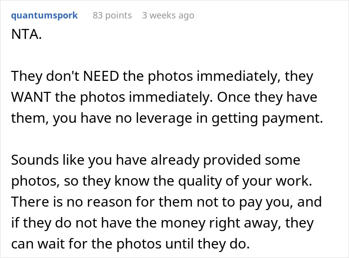 Woman Called A Jerk For Making Sure She'll Get Paid For Her Work By Keeping Pictures Until Then
