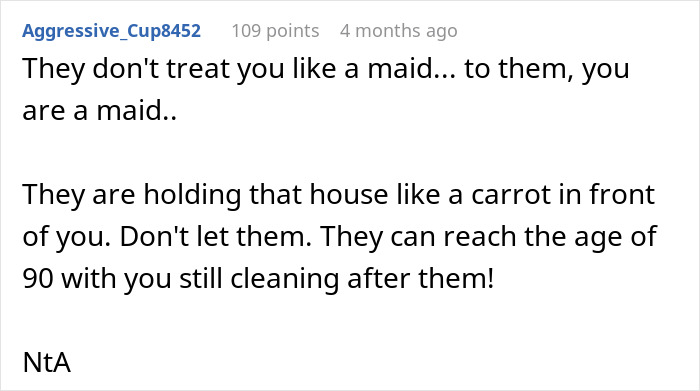 Alt text: Online comment about husband refusing to stand up to parents who treat wife like a maid, leading to her leaving him.