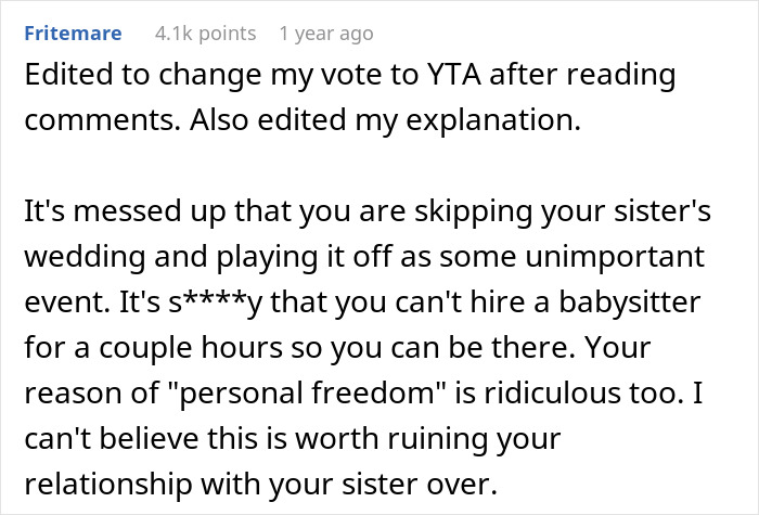 Woman Announces She Won't Attend Sister's Childfree Wedding, Fails To See Her Entitlement Woman Announces She Won't Attend Sister's Childfree Wedding, Fails To See Her Entitlement