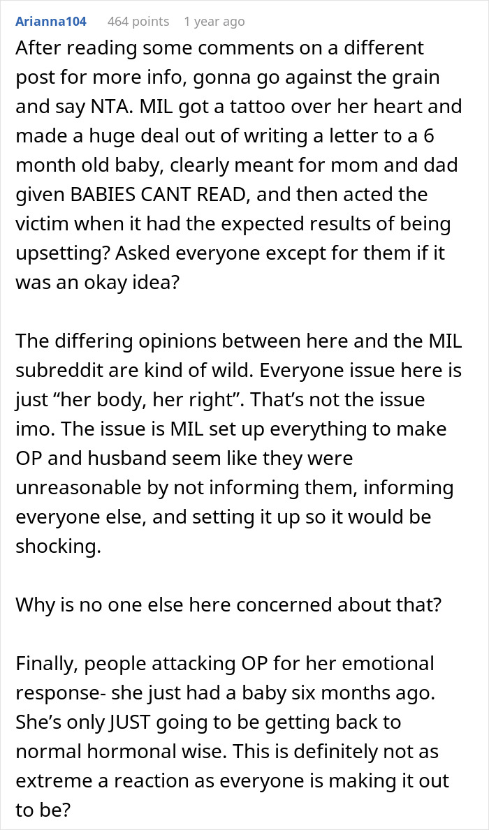 Reddit comment screenshot discussing a huge tattoo on her chest gifted by MIL, causing distress to the new mom.