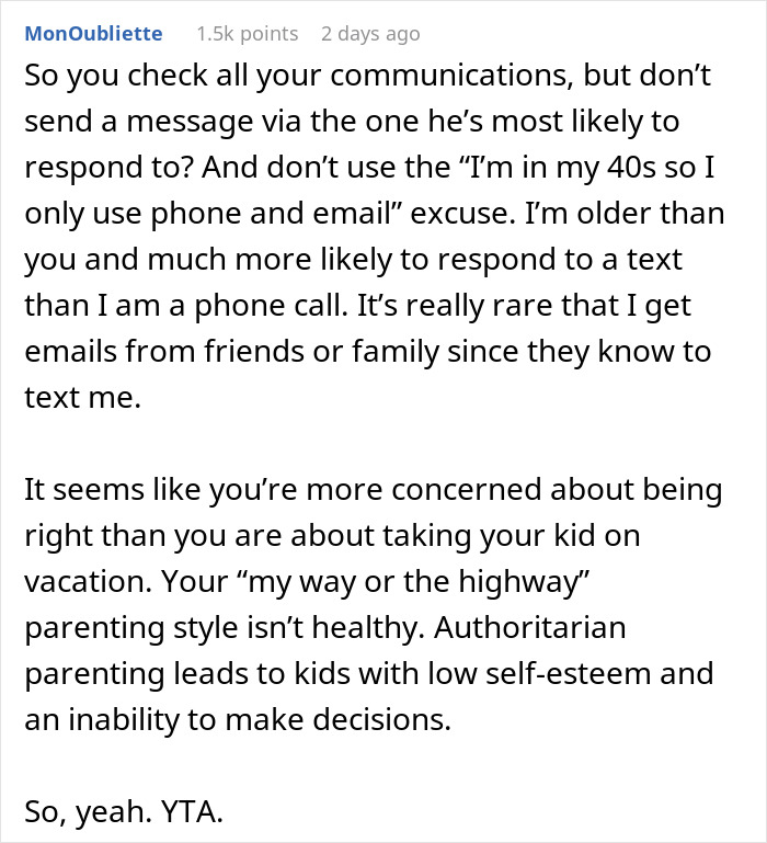 “AITA For Telling My Son That He's Not Coming On Vacation Because He Didn't Check His Emails?” “AITA For Telling My Son That He's Not Coming On Vacation Because He Didn't Check His Emails?”