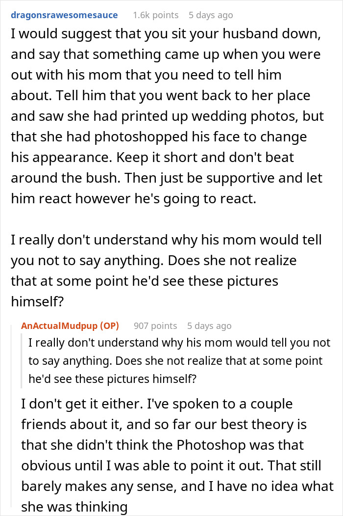 Woman Visits MIL's House To Discover She Has Photoshopped Her Husband's Face In Their Wedding Pics
