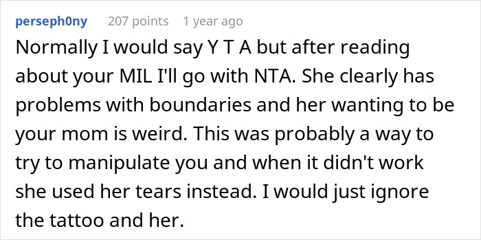 Online comment discussing a mom&rsquo;s reaction to a huge tattoo on her chest as a controversial MIL gift to baby.