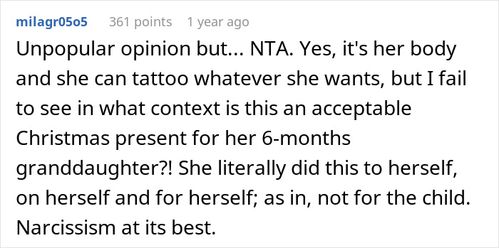 Reddit comment debating a huge tattoo on her chest as a controversial gift from MIL to baby, sparking strong reactions.