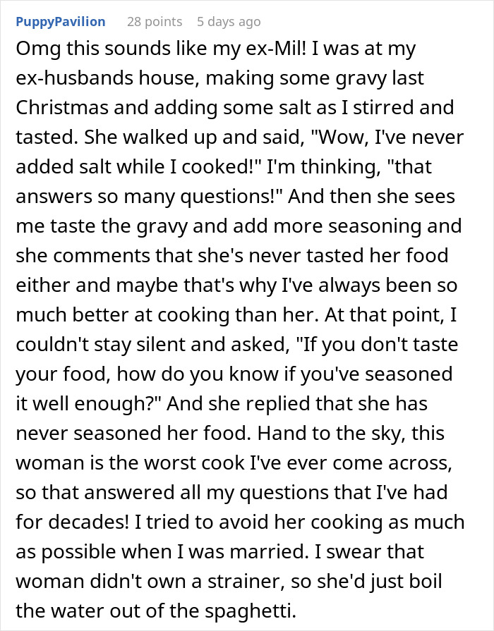 Couple Decides To No Longer Eat MIL's Food Because She's A Terrible Cook, She Gets Offended