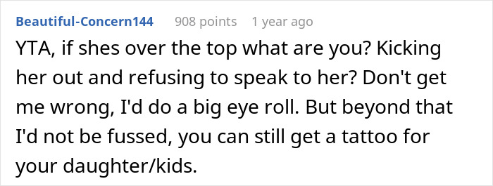 Reddit comment debating a mother&rsquo;s huge tattoo on her chest for her daughter and reactions to MIL&rsquo;s gift to baby.