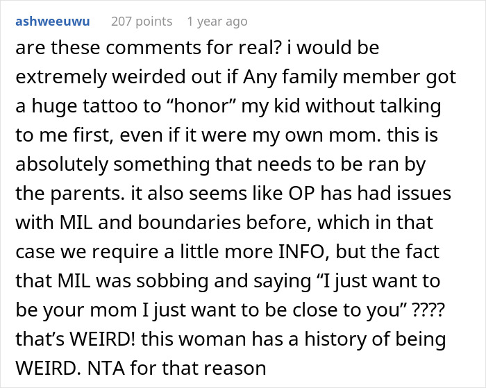 Comment discussing a huge tattoo on her chest as a gift, highlighting MIL's boundary issues and emotional behavior.