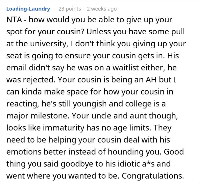 "They Jumped On Me Immediately”: Family Demand Teen Give Up College Spot For Entitled Cousin "They Jumped On Me Immediately”: Family Demand Teen Give Up College Spot For Entitled Cousin