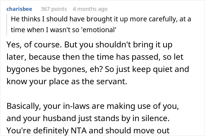 Text post about husband refusing to stand up to parents who treat wife like a maid, causing her to leave him.