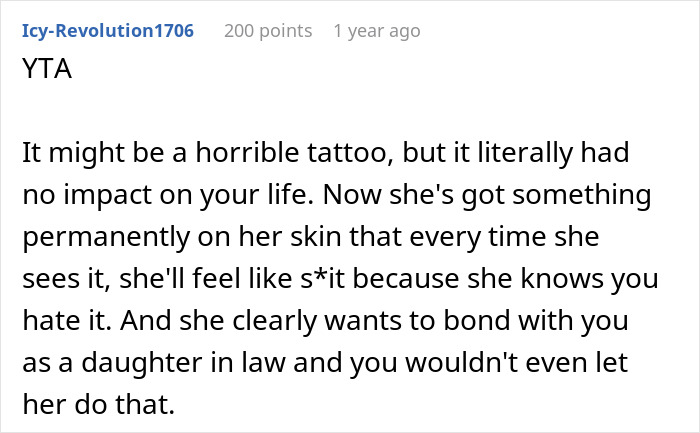 Comment discussing the impact of a huge tattoo on her chest and family dynamics after MIL's gift to baby.