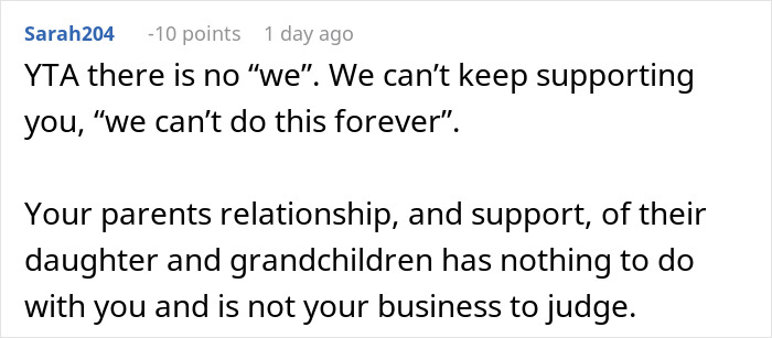 Comment from Sarah204 criticizing continual support for an older sister after multiple pregnancies, reflecting family tension.