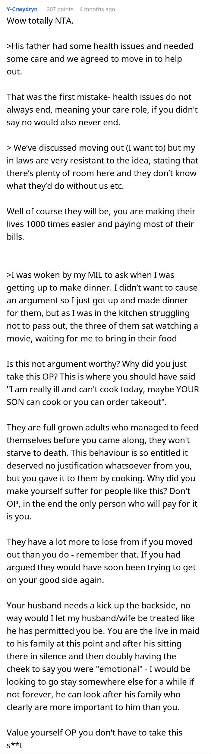 Screenshot of a detailed comment discussing a husband refusing to stand up to parents treating his wife like a maid.