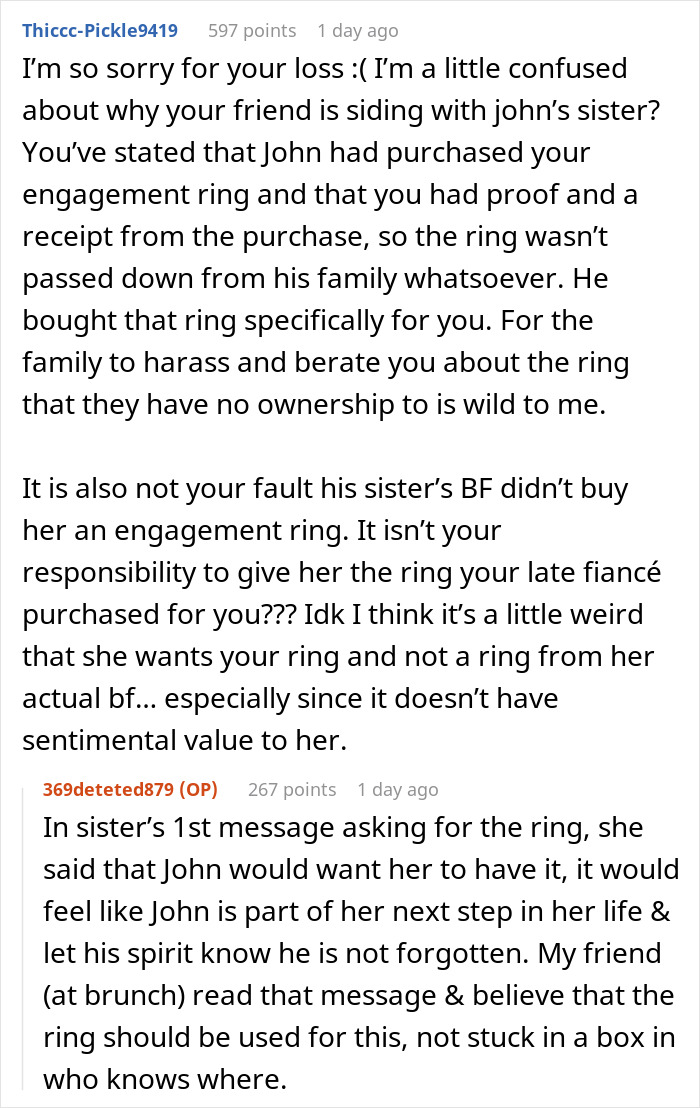 Reddit post discussing family dispute over a late son&rsquo;s fianc&eacute; and a contested family heirloom ring.