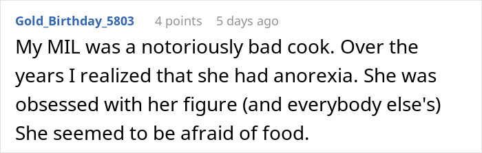 Couple Decides To No Longer Eat MIL's Food Because She's A Terrible Cook, She Gets Offended