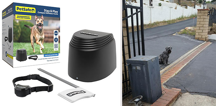 PetSafe Stay & Play Compact Wireless Pet Fence: The game-changing dog product that every pup parent should own for a hassle-free, wire-free, and digging-free boundary system that keeps your pets safe in your yard without any trouble.