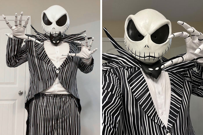 Person wearing a clever Halloween costume of Jack Skellington in a black and white striped suit with skull mask.