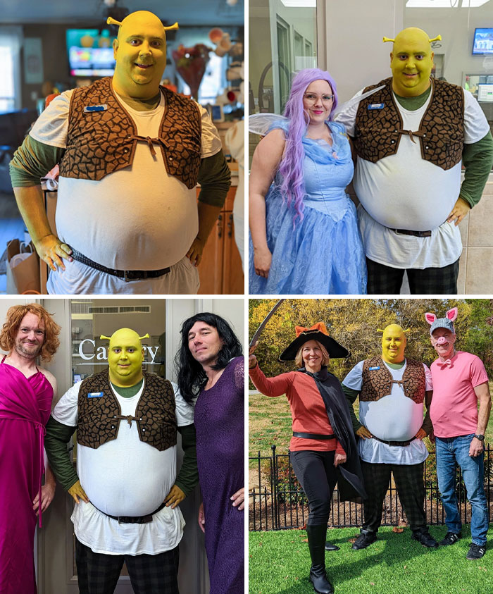 Group of people in clever Halloween costumes, including a person dressed as Shrek, showcasing creative costume ideas.
