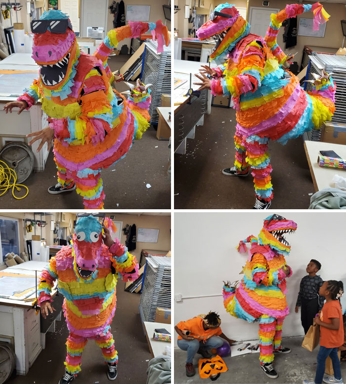 Colorful dinosaur Halloween costume made from layered tissue paper, showcasing one of the clever Halloween costumes ideas.
