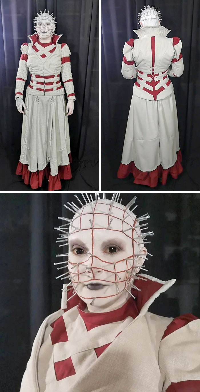 Creative Halloween costume featuring intricate white and red design with detailed headpiece and pins for clever Halloween costumes.