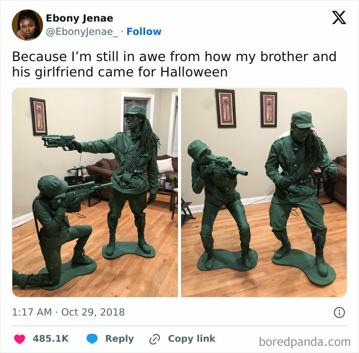 Two people dressed as clever Halloween costumes resembling green army men, posing in a living room.