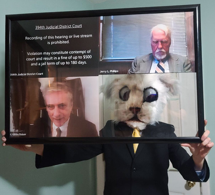 Person dressed in a clever Halloween costume mimicking a virtual court hearing with a cat face mask and suit.