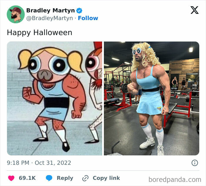 Man in clever Halloween costume dressed as a muscular cartoon character with blonde wig and blue dress at the gym.