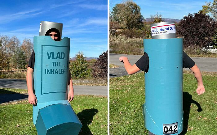 Person wearing a clever asthma inhaler Halloween costume outdoors with blue sky, showcasing creative Halloween costumes.