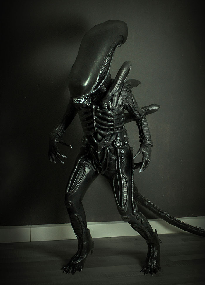Clever Halloween costume of an alien creature with detailed black biomechanical design and tail.