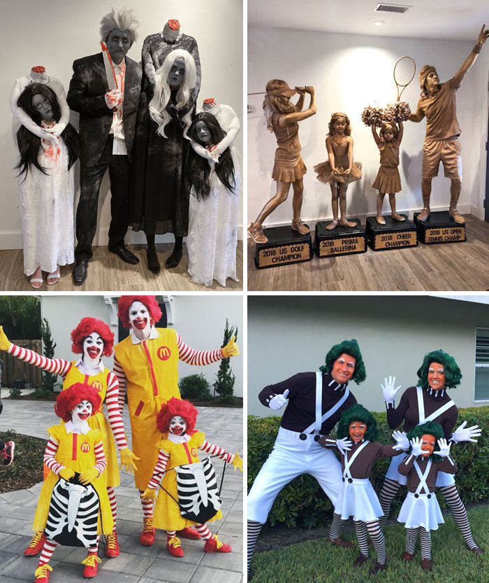 Four groups wearing clever Halloween costumes including spooky ghosts, sports champions, clown families, and Oompa Loompas outdoors and indoors.