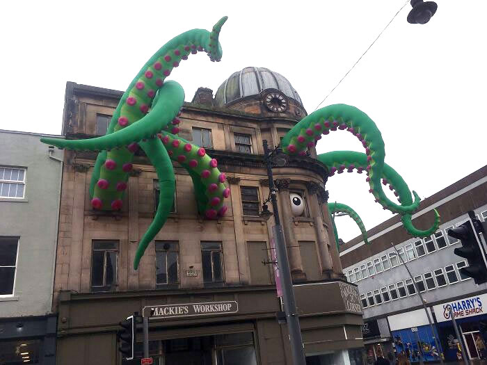 An Abandoned Shop Decorated For Halloween