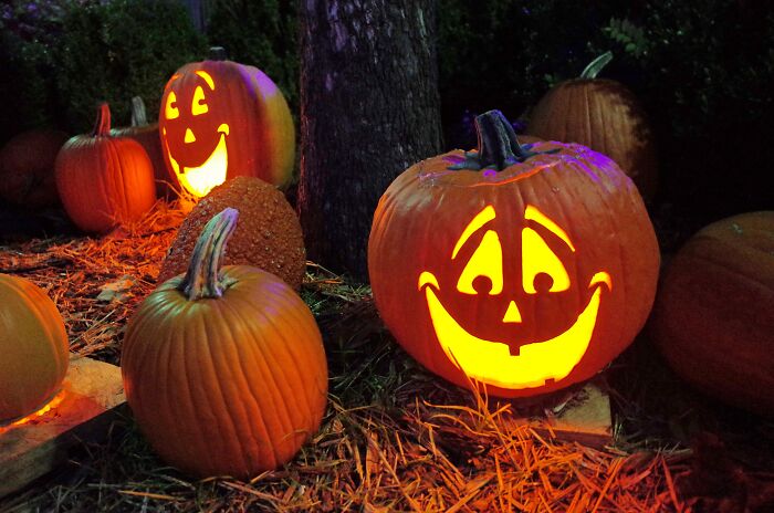 A jack-o’-lanterns smiling